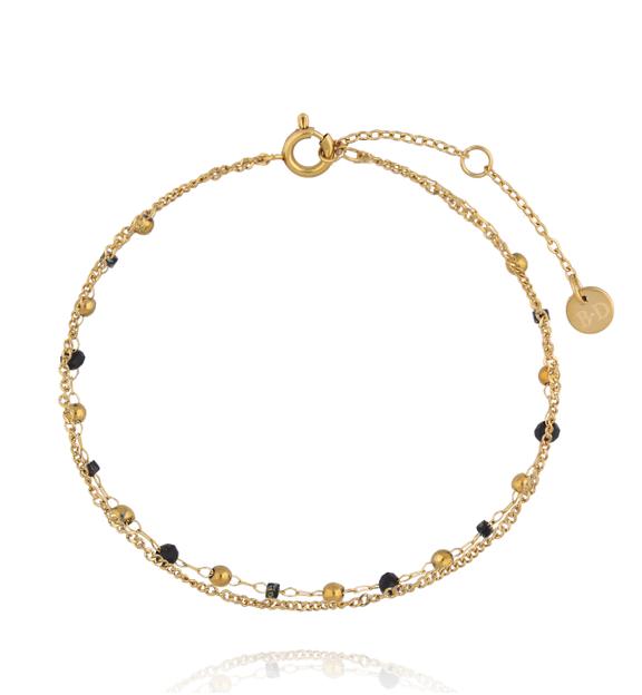 Bransoletka z podwójnym złotym łańcuszkiem i czarnymi agatami BEA0097