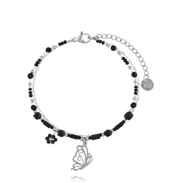 Bransoletka z czarnymi kamieniami i zawieszką motyla BSY0582