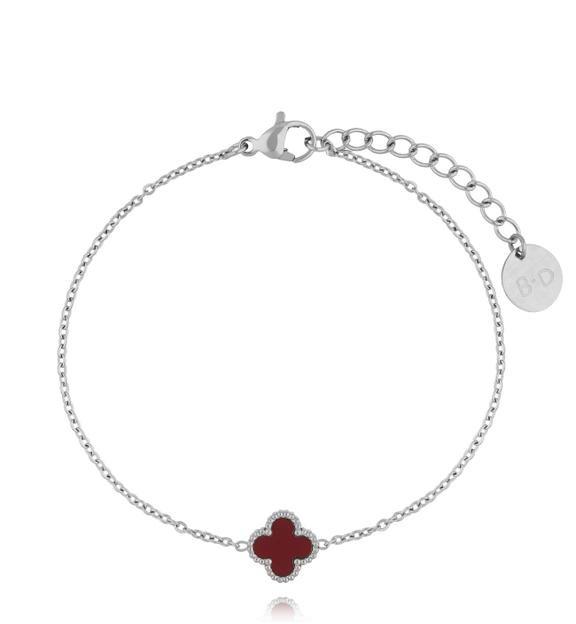 Bransoletka bordowa z koniczynką srebrna Clovers BSY0159
