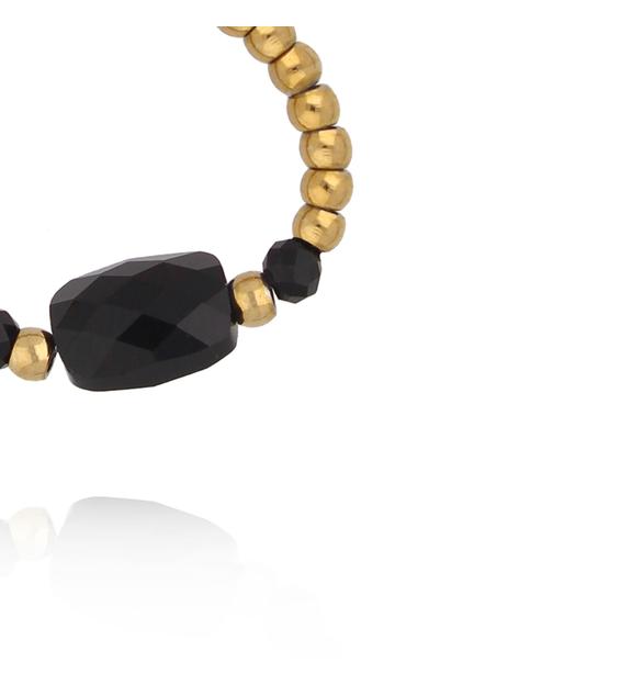 Pierścionek elastyczny z czarnym agatem i złotymi kuleczkami PTW0603