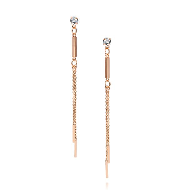 Kolczyki długie z łańcuszkami i cyrkonią w kolorze różowego złota KRG0441
