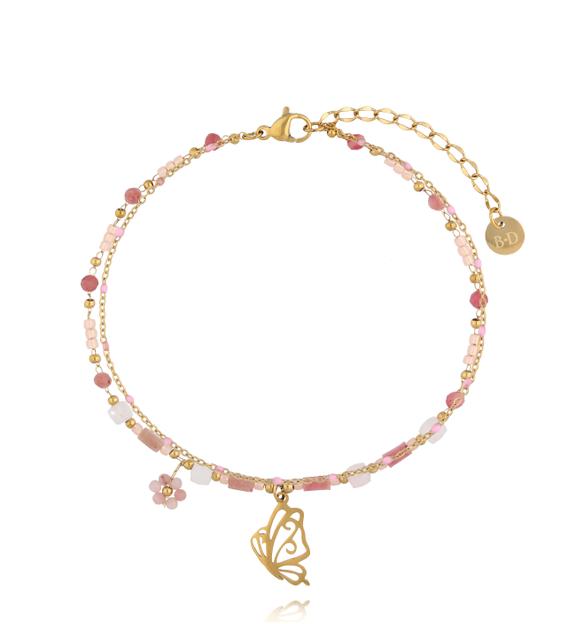 Bransoletka na nogę z różowymi kamieniami i zawieszką motyla BNSY0074