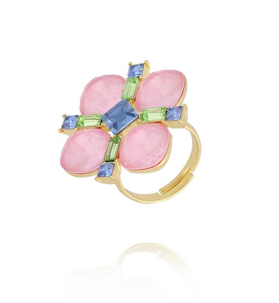 Pierścionek kwiat z kryształami różowo błękitnymi PSS0285