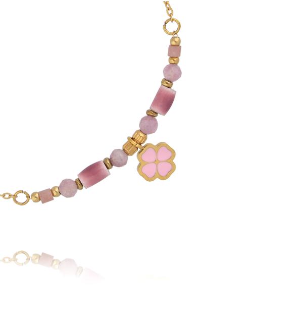 Bransoletka na złotym łańcuszku z różowym turmalinem, ceramiką i zawieszką koniczynki BPA0599