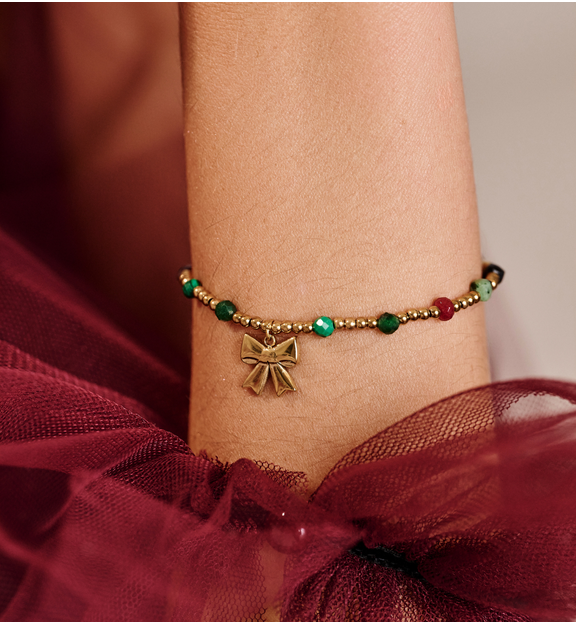 Bransoletka z malachitem, czerwonymi i czarnymi kamieniami ze złotą kokardką BTW3512