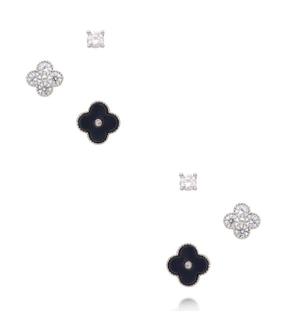 Zestaw kolczyków w srebrnym odcieniu z koniczynką, czernią i cyrkoniami KMB0005