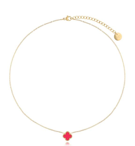 Naszyjnik złoty z koniczynką z fuksjową emalią Heureux NSA1077