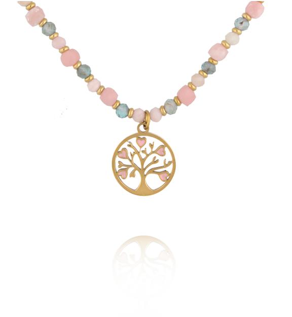 Naszyjnik z różowym opalem i apatytami z zawieszką Drzewa Życia NTW1639