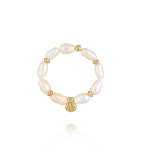 Pierścionek z perełką i złotą muszelką PPE0117