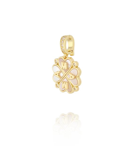 Charms złota koniczynka MAMA z masą perłową i kryształkami CHSS0019