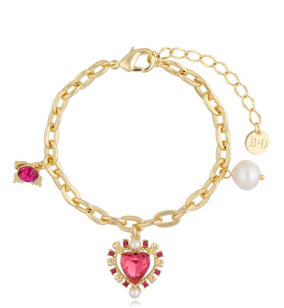 Bransoletka z różowym kryształowym sercem i perłą Nicole BSS0033