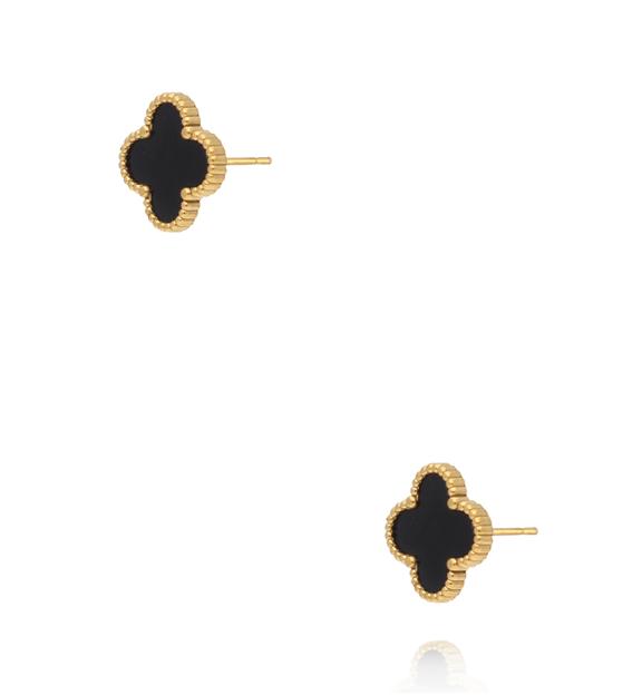 Kolczyki koniczynki z czarną emalią w złotej oprawie KSY0666