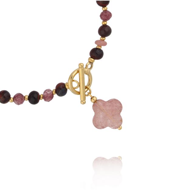 Bransoletka z tygrysiego oka i kwarcu truskawkowego z koniczynką BPA0653