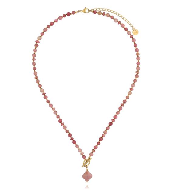 Naszyjnik z rodonitu z zawieszką koniczynki NPA1610