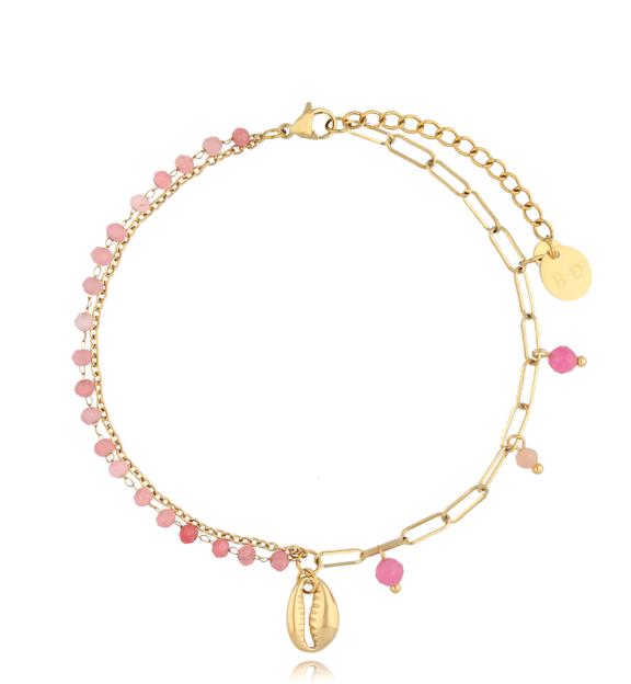 Bransoletka na nogę z różowymi jadeitami i muszlą Las Palmas BNSY0024