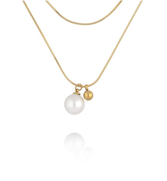 Naszyjnik podwójny ze stali szlachetnej złoconej z perłą NSY0699
