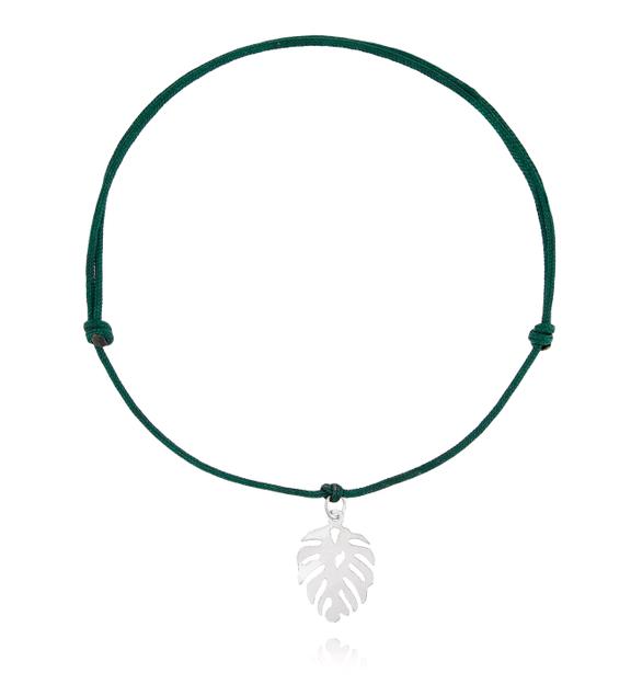 Bransoletka srebrna monstera na zielonym sznurku BSE0078