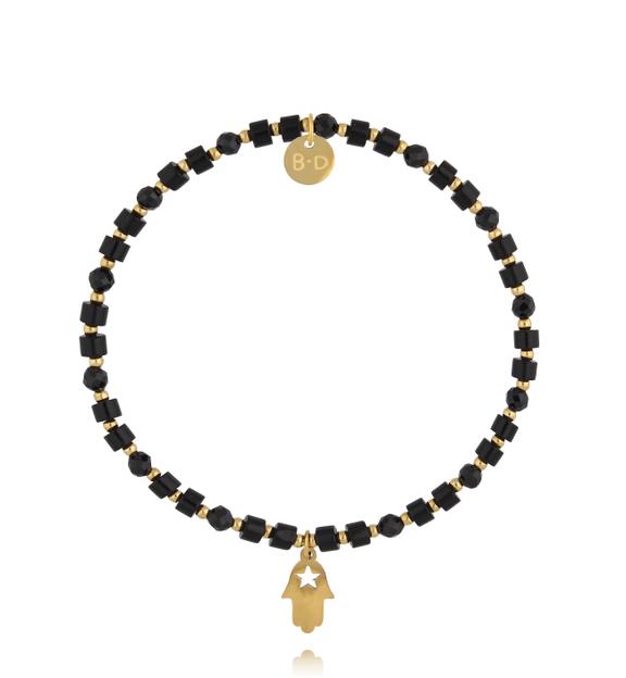 Bransoletka z czarnego turmalinu i czarnego agatu ze złotą dłonią Fatimy BTW3518