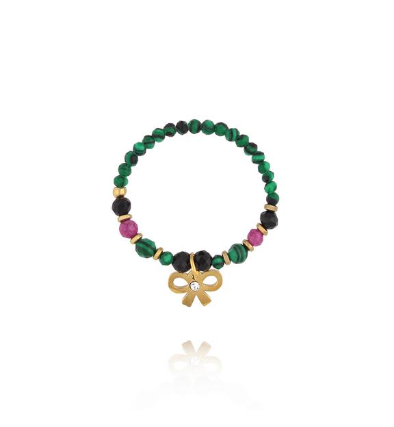 Pierścionek elastyczny z malachitem, turmalinem i rubinem z zawieszką kokardki PTW0629