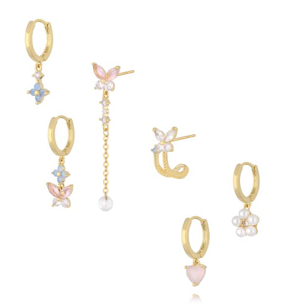 Zestaw złoconych kolczyków z motylami, kamieniami i perłami KMB0070