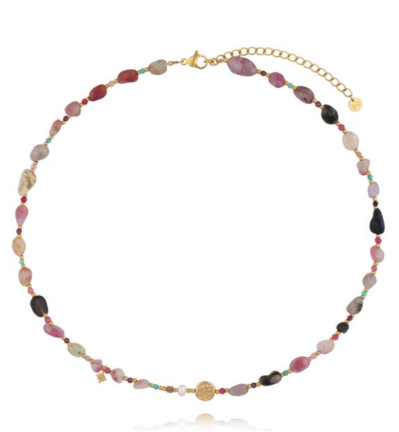 Naszyjnik z turmalinu, granatu, amazonitu i perły NEA0083