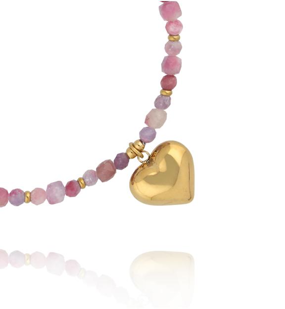 Bransoletka z różowego turmalinu ze złotym sercem BPA0607