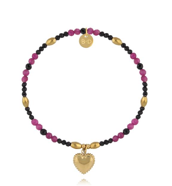 Bransoletka z  turmalinu i rubinu z zawieszką serca BTW3522
