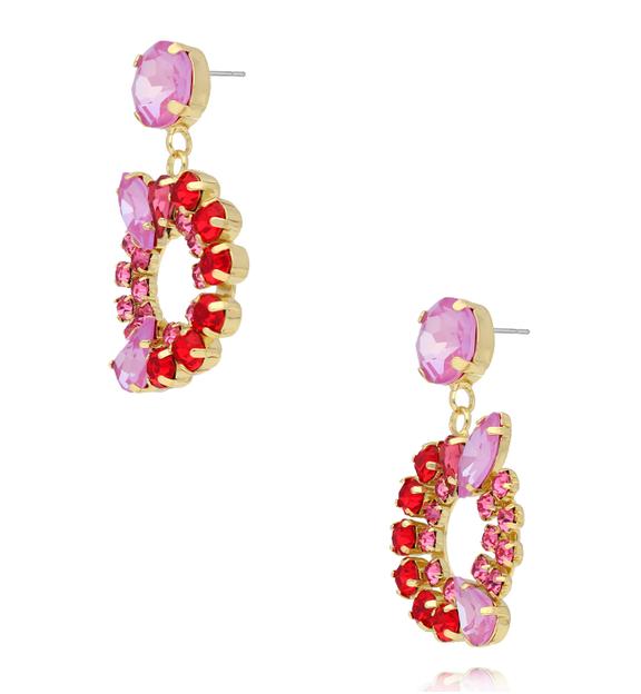 Kolczyki złote wiszące z czerwono różowymi kryształami KSS2291