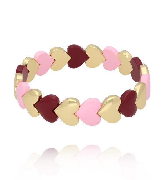 Bransoletka elastyczna z serduszkami w odcieniach pudrowego różu, bordo i złota BCR0082