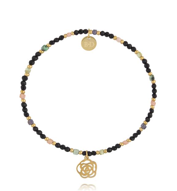 Bransoletka z czarnymi turmalinami i zawieszką róża BTW3669