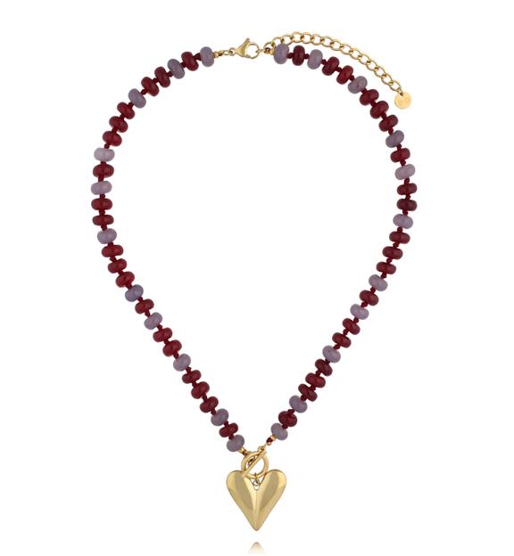 Naszyjnik z jadeitu w odcieniach bordo i lawendy z pozłacanym sercem NPA1589