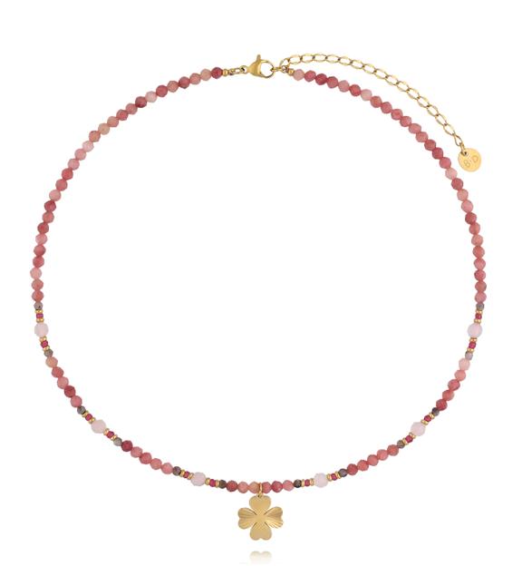 Naszyjnik z rodonitu, kwarcu różowego i labradorytu z zawieszką koniczynką NTW1613