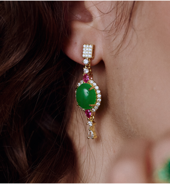 Kolczyki z zielonym oczkiem i różowymi akcentami KSS2076