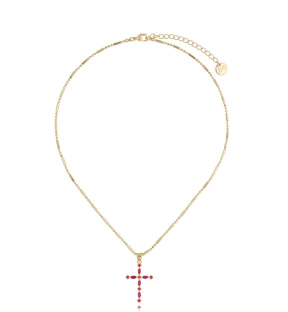 Naszyjnik złoty z fuksjowym krzyżykiem Madeline NRG0476