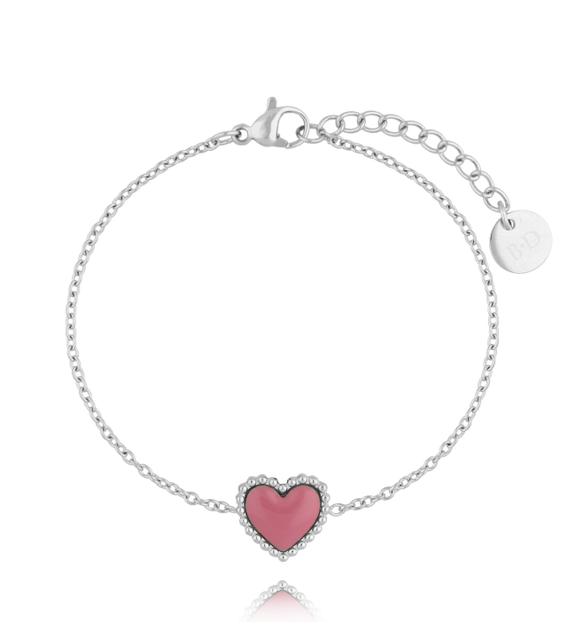 Bransoletka srebrna z sercem i różową emalią Enamel Heart BSA0596