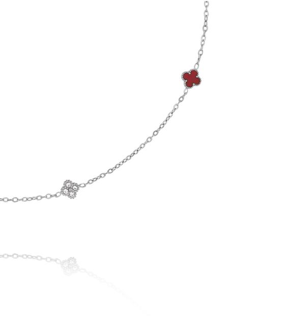 Naszyjnik srebrny z czerwonymi koniczynkami i cyrkoniami NSY0738