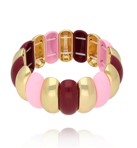 Bransoletka elastyczna z szerokich ogniw – róż, bordo i złoto BCR0097