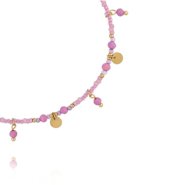 Bransoletka na nogę z różowymi kamieniami i złotymi zawieszkami BNTW0106
