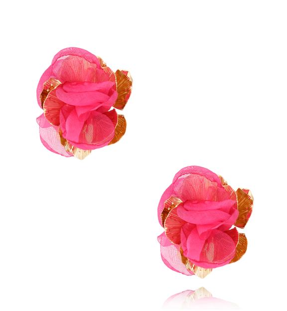Kolczyki złote z fuksjową tkaniną Gold Flower KBL1811