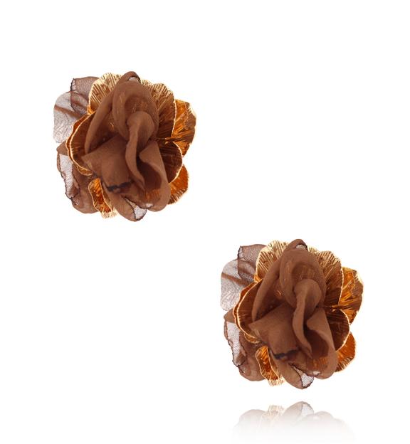Kolczyki złote z brązową tkaniną Gold Flower KBL1813