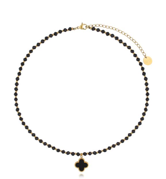 Naszyjnik z drobnych czarnych fasetowanych kamieni z koniczynką – złocony NTW1339