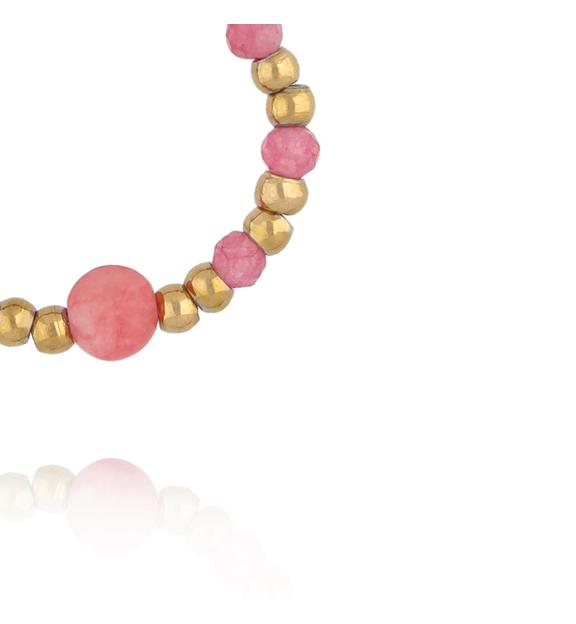 Pierścionek elastyczny ze złotych kuleczek z różowym jadeitem PTW0614