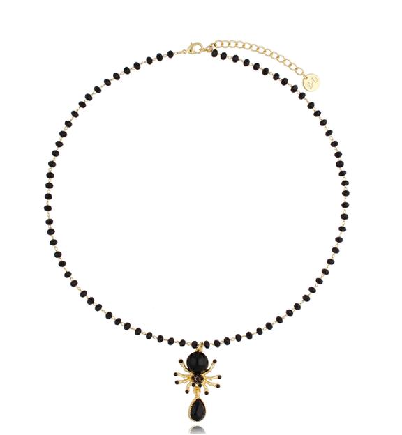 Naszyjnik z czarnymi kryształkami i pająkiem Black Spider NMI0184