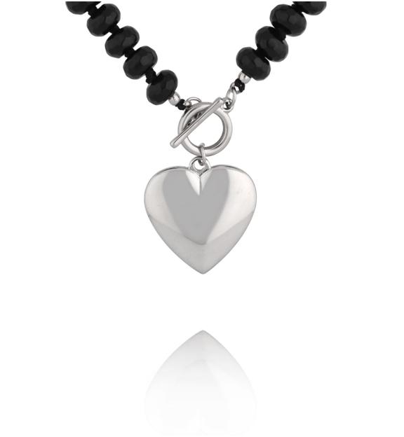 Naszyjnik z czarnymi agatami i srebrnym sercem NPA1630
