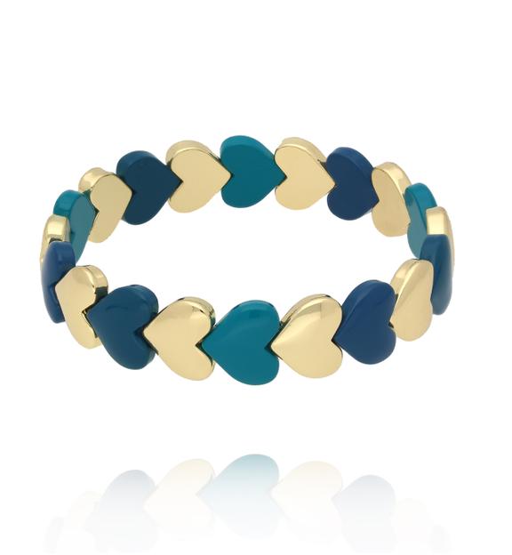 Bransoletka elastyczna z serduszkami w odcieniach turkusu, granatu i złota BCR0080