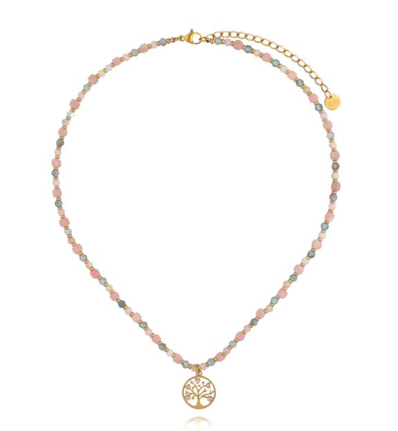 Naszyjnik z różowym opalem i apatytami z zawieszką Drzewa Życia NTW1639