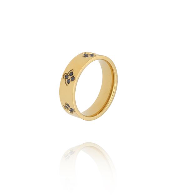 Pierścionek szeroki złoty z motywem koniczynki i cyrkoniami PSY0133