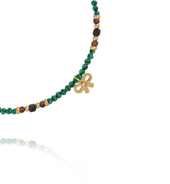 Bransoletka z malachitu, granatu i czarnego agatu ze złotą kokardką BTW3508