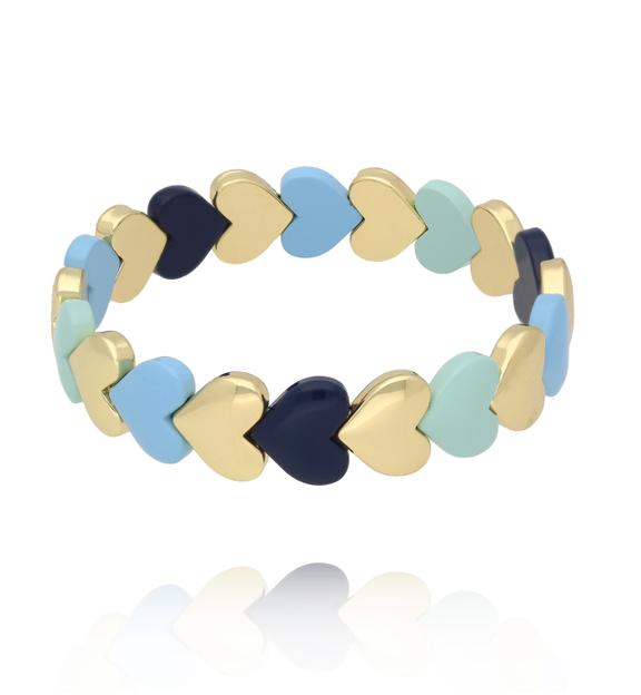 Bransoletka elastyczna z serduszkami w odcieniach błękitu, granatu i mięty ze złotem BCR0088