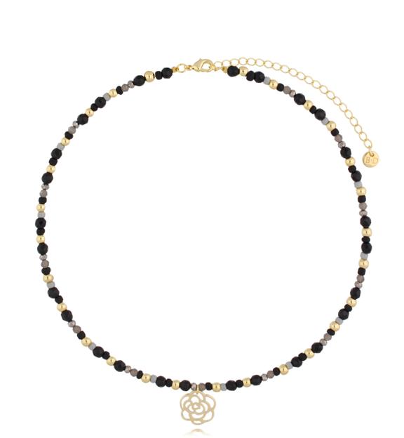 Naszyjnik czarny ze złotą różą Sanur NBI0012